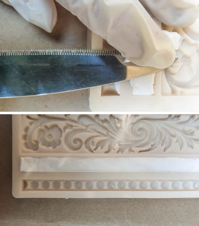 Place the foam clay (or air dry clay) inside the mold and push down firmly. Cut away any excess