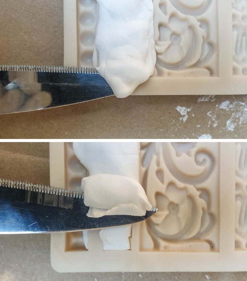 Place the foam clay (or air dry clay) inside the mold and push down firmly. Cut away any excess