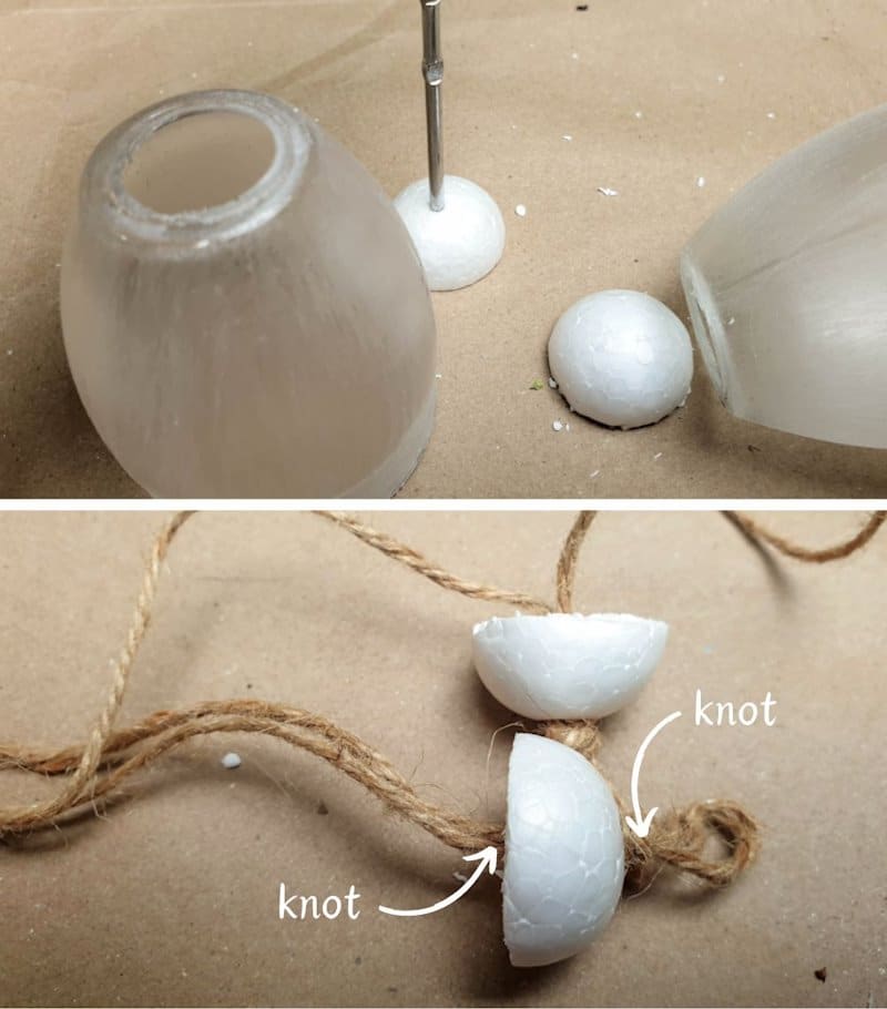 Poke a hole in the polystyrene (styrofoam0 balls and add twine