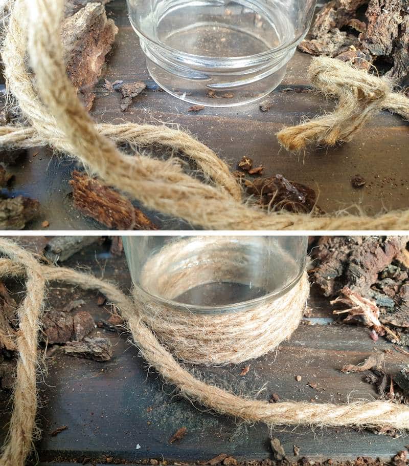 Wrap twine around the neck of the jar