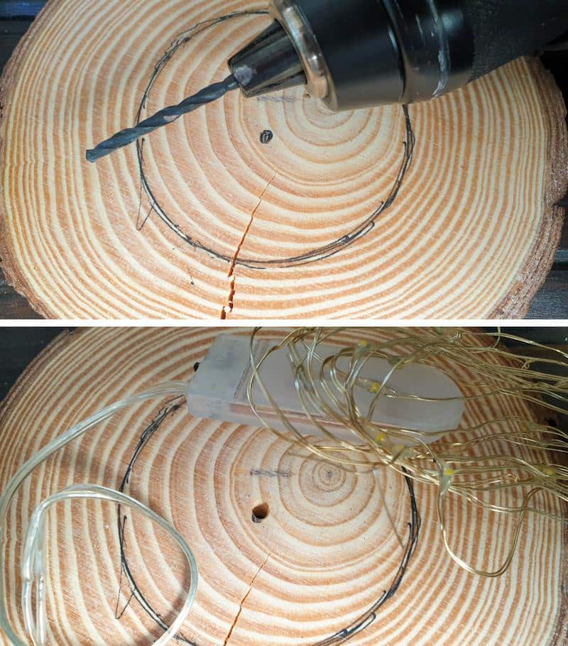 Drill a hole in one of the wood slices for the fairy lights