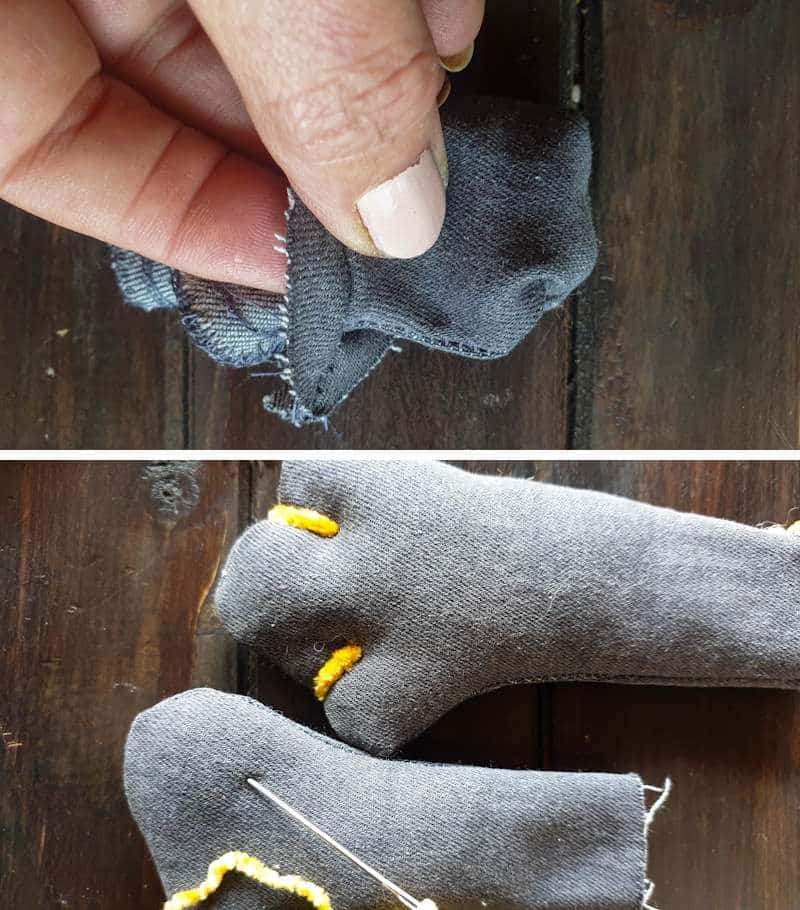 Making the plushie legs - turn the fabric right side out and stuff
