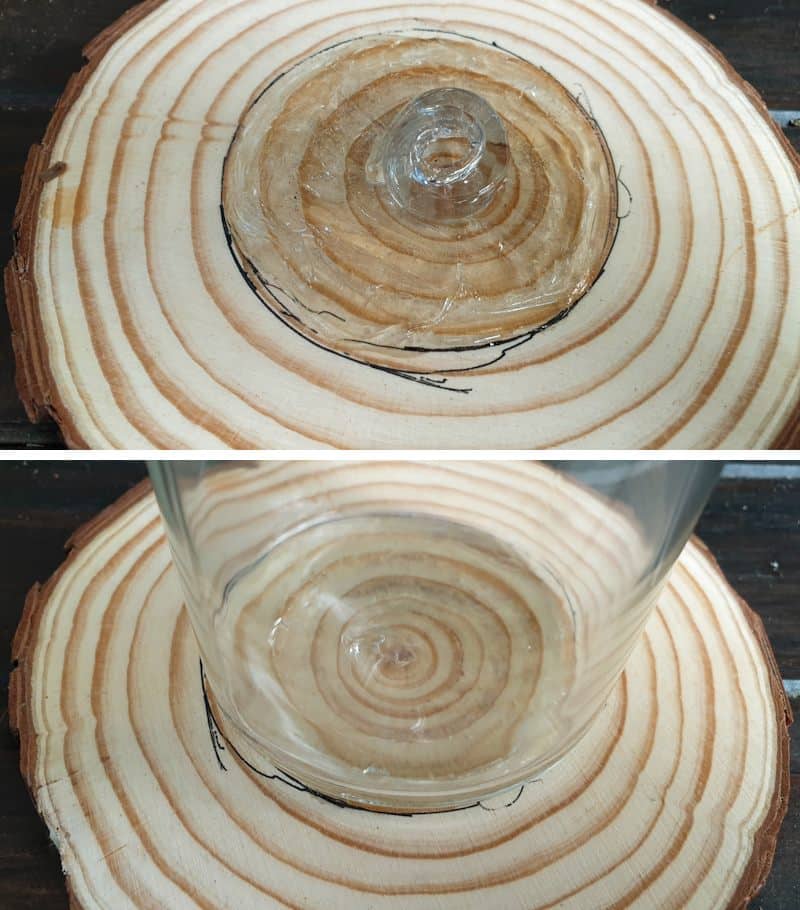Glue the glass jar to a slice of wood
