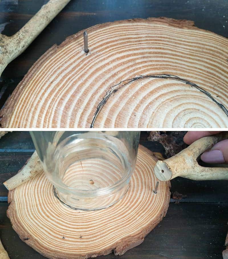Use nails and/or glue to secure the twigs supports to the slice of wood