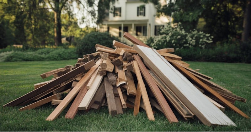 A pile of scrap wood lying in front of the house