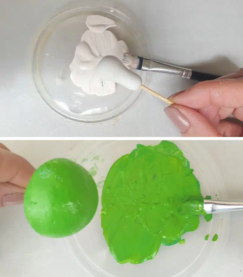 Paint the polystyrene mushroom in shades of green