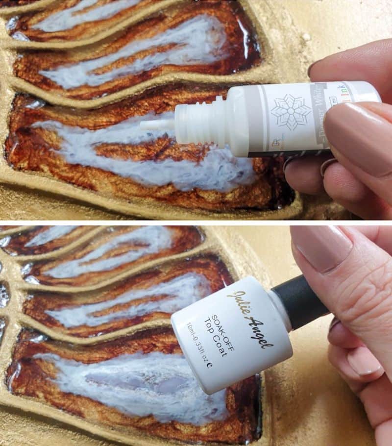 The alcohol ink can also be mixed with clear gel nail polish