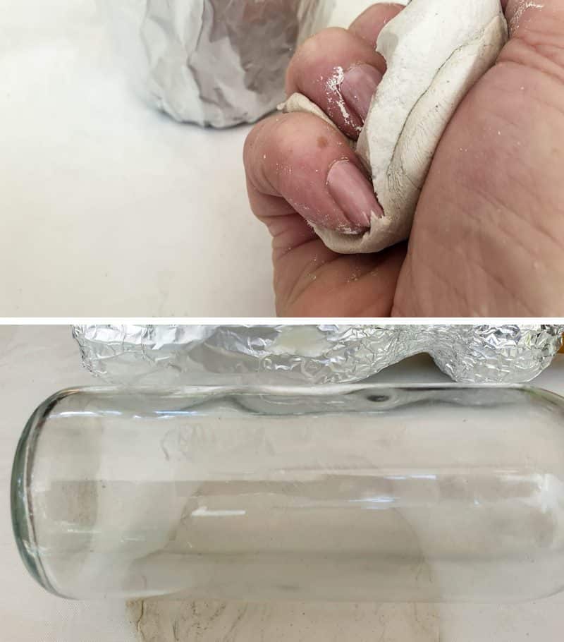 Condition the clay by rolling it between your fingers and then flatten it with a rolling pin or bottle