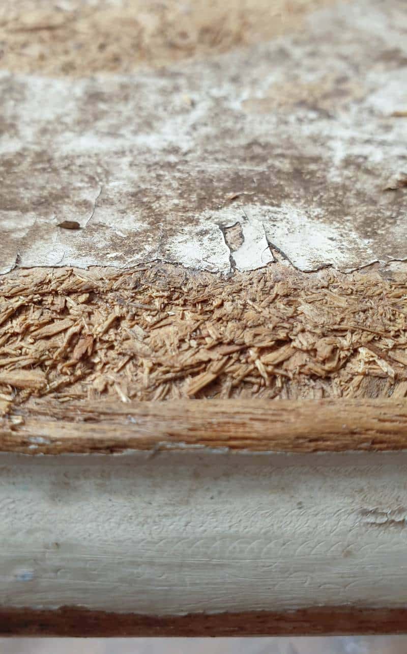 A close-up of the water damage on the tabletop