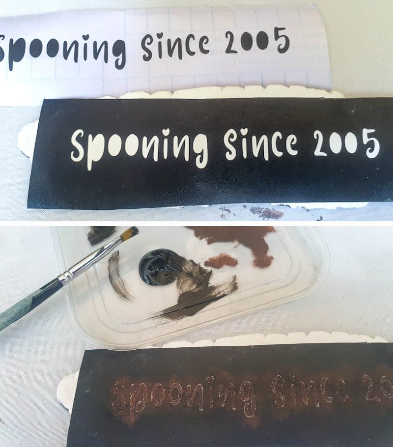 Stencil "Spooning Since" and the date on a piece of clay