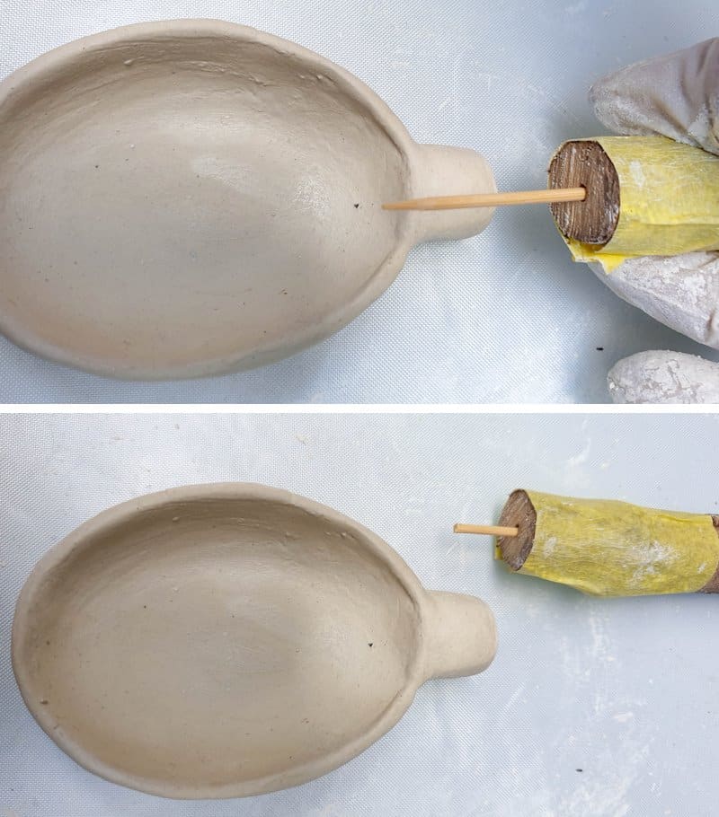 Insert a toothpick into the spoon. It makes it easier to connect to the handle