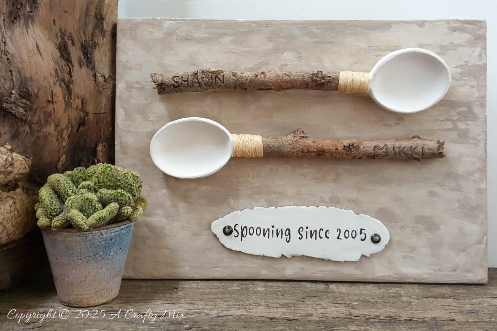 Celebrate a beautiful love story with a unique DIY "spooning since" anniversary gift. Handmade wooden spoons with personalized names and clay bowls mounted on canvas make a unique d&eacute;cor piece that will be treasured for years to come. Perfect for Valentine&rsquo;s Day, weddings, or any romantic occasion, this craft tutorial is easy to follow and fun to make.