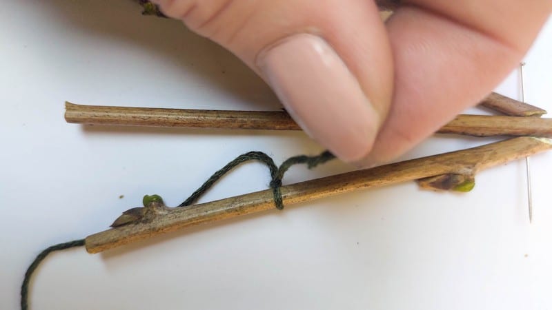 Tie the embroidery thread on one, outside leg