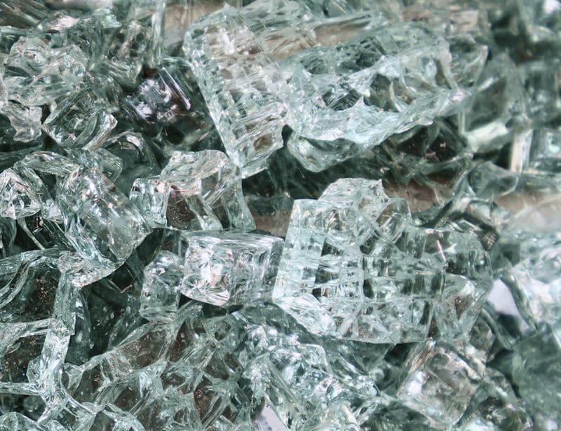 Close-up of the shattered tempered glass. They look like crystals