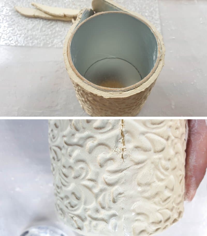Wrap the embossed clay around the Pringles can or container