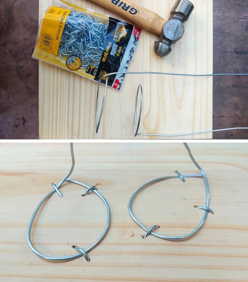 Attach the wire feet to a board with fencing staples