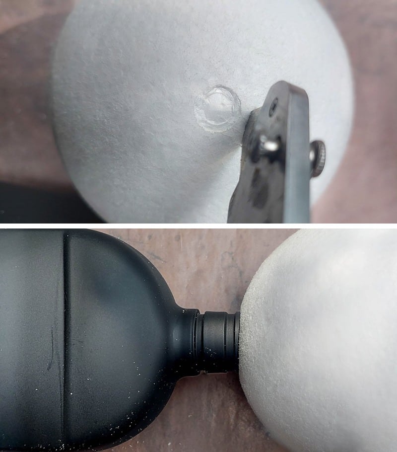 Use a craft knife to make a hole in the polystyrene (styrofoam) ball.