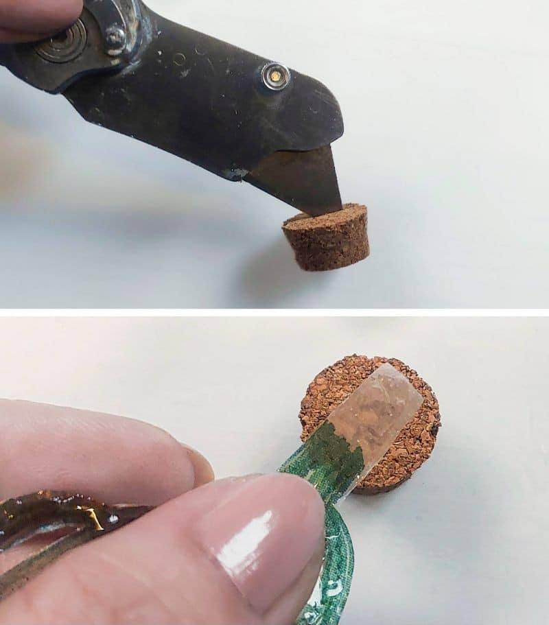 Make a hole in the cork and slip the watercolor succulent inside
