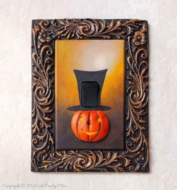Looking for a creative way to dress up your décor for the spooky season? This DIY Halloween light switch cover features a cheerful pumpkin with a tall black top hat, set in a beautifully ornate frame. Simple to make and perfect for living rooms, entryways, or party spaces, this beginner-friendly craft transforms an ordinary switch plate into playful, functional art.