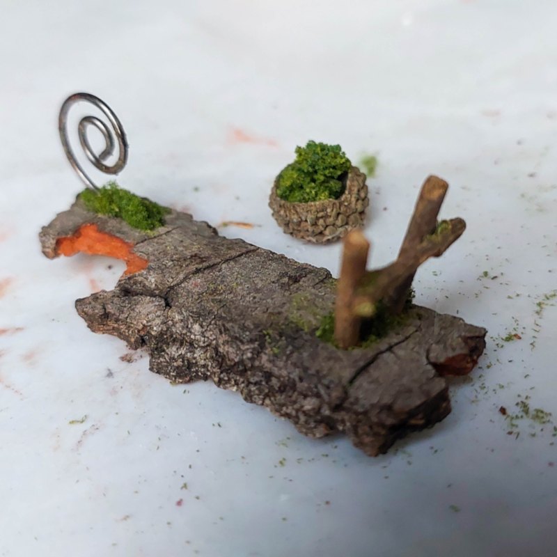 Make a custom table for the fairy art studio using bark, twigs and a piece of metal