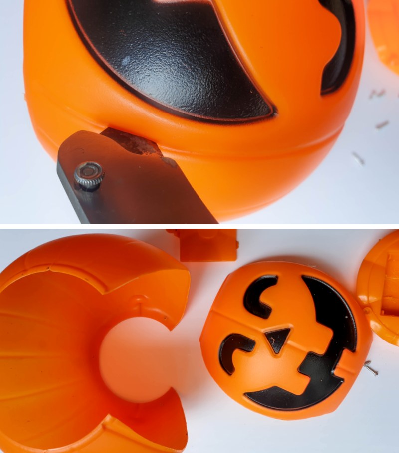 Use a sharp craft knife to remove the face of the plastic pumpkin bucket
