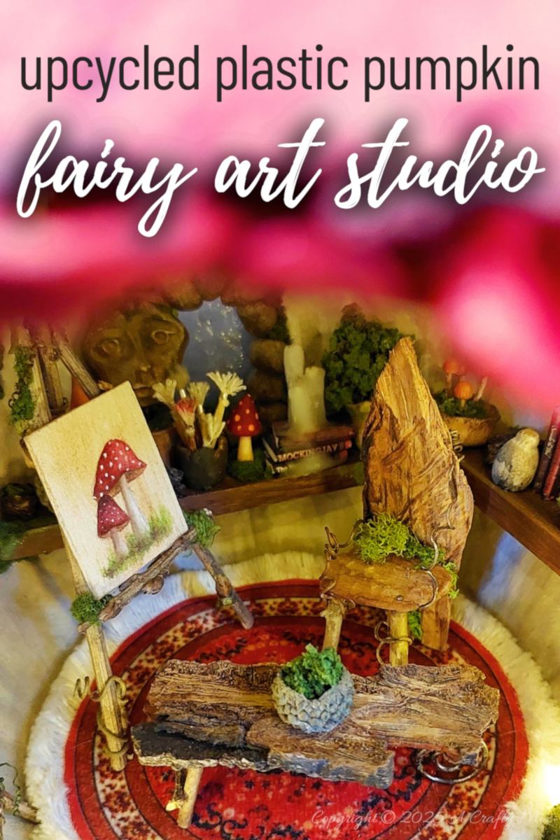 Transform an ordinary plastic pumpkin bucket into a magical fairy artist&rsquo;s studio, complete with a mushroom-capped roof, miniature easel, and enchanting woodland details. Perfect for upcycling fans and fairy garden lovers looking to add a whimsical touch to their creative craft projects.