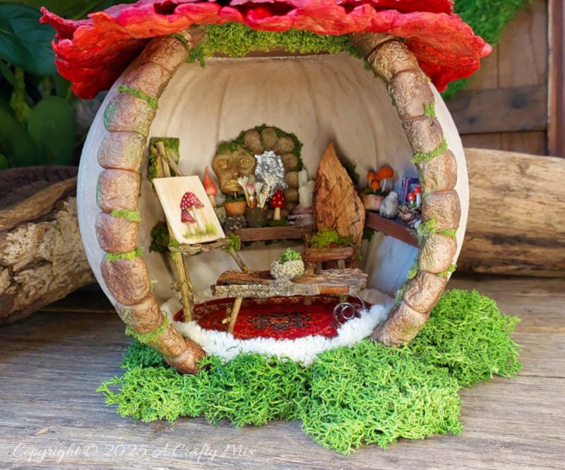 Transform an ordinary plastic pumpkin bucket into a magical fairy artist&rsquo;s studio, complete with a mushroom-capped roof, miniature easel, and enchanting woodland details. Perfect for upcycling fans and fairy garden lovers looking to add a whimsical touch to their creative craft projects.