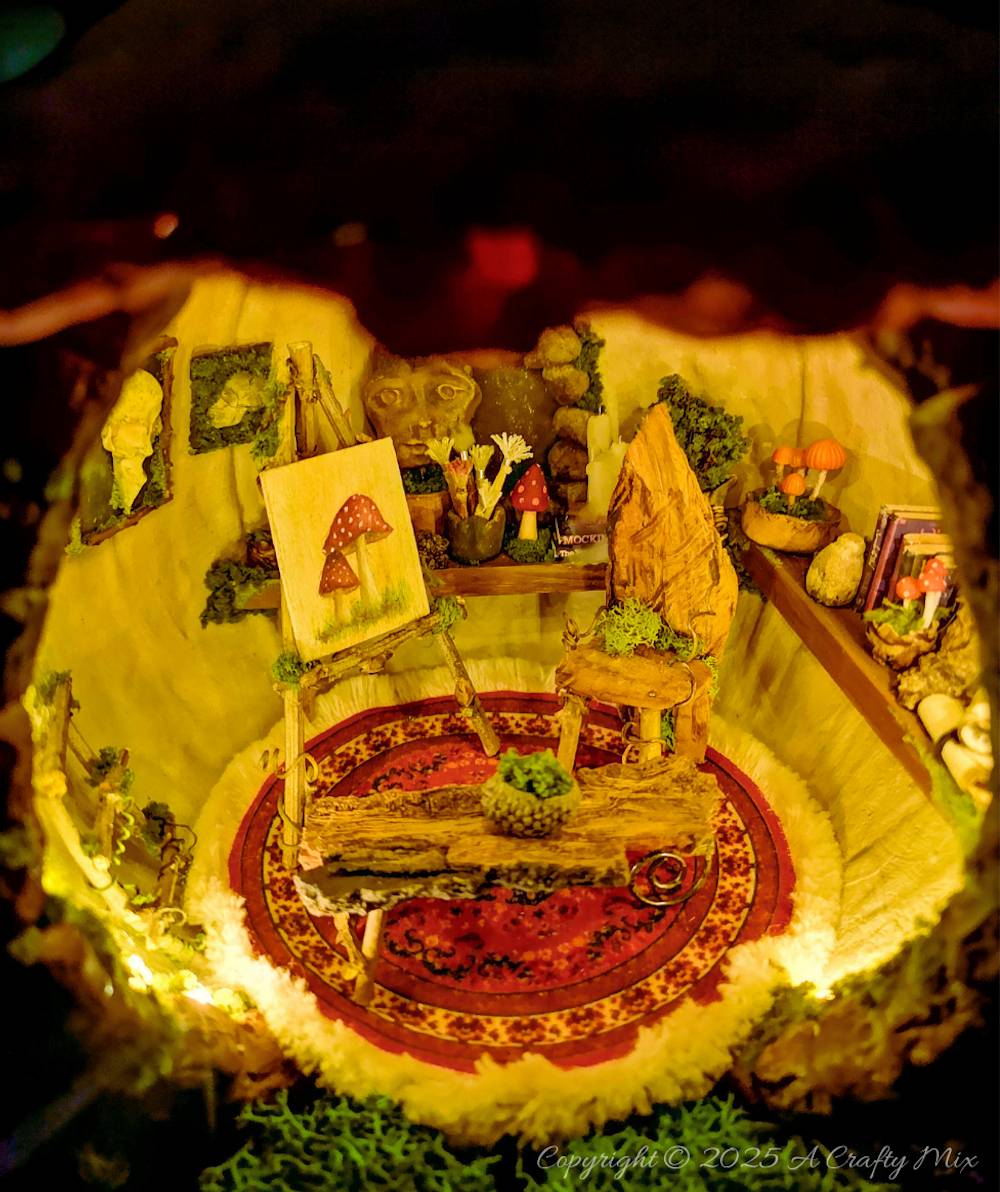 Transform an ordinary plastic pumpkin bucket into a magical fairy artist&rsquo;s studio, complete with a mushroom-capped roof, miniature easel, and enchanting woodland details. Perfect for upcycling fans and fairy garden lovers looking to add a whimsical touch to their creative craft projects.
