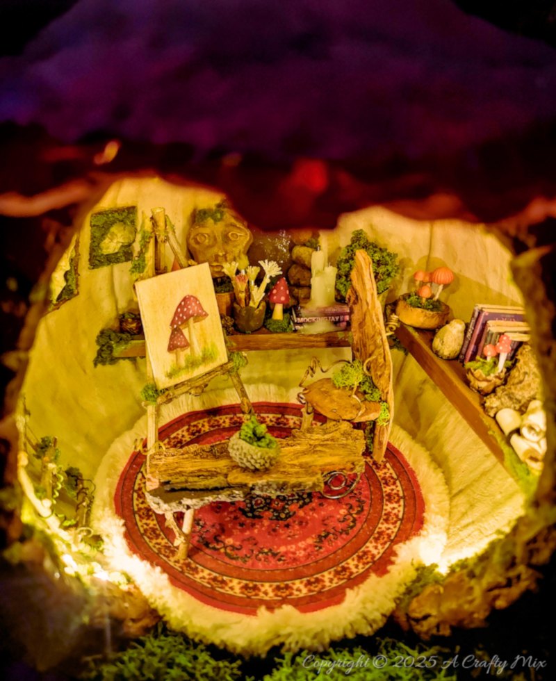 Transform an ordinary plastic pumpkin bucket into a magical fairy artist&rsquo;s studio, complete with a mushroom-capped roof, miniature easel, and enchanting woodland details. Perfect for upcycling fans and fairy garden lovers looking to add a whimsical touch to their creative craft projects.