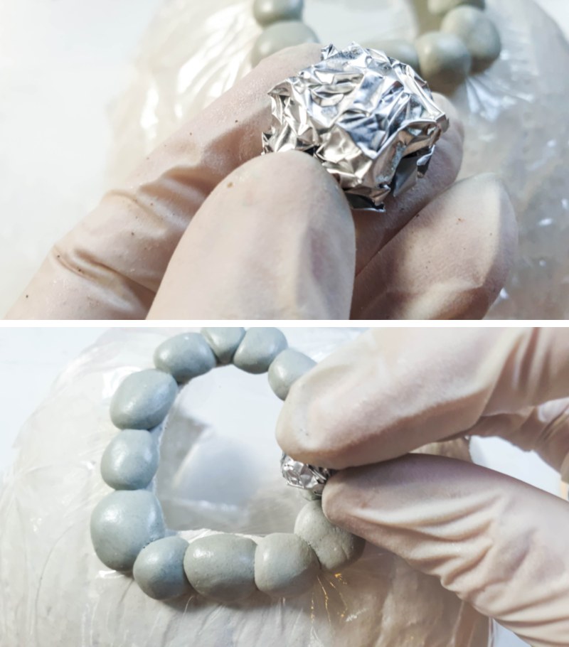 Use a ball of foil to create texture in the clay