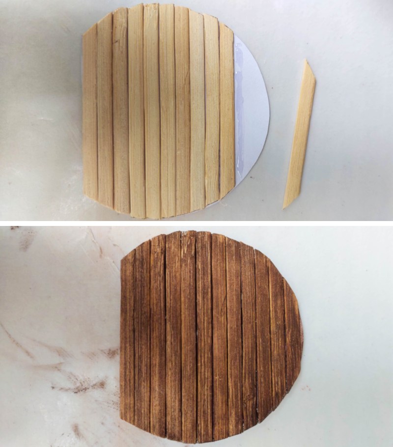 Glue wooden stirrers to a piece of cardstock to make the ceiling