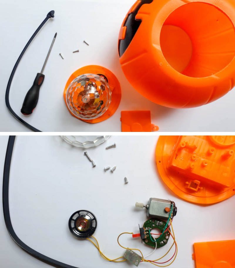 Remove any lights and the battery pack from the plastic pumpkin