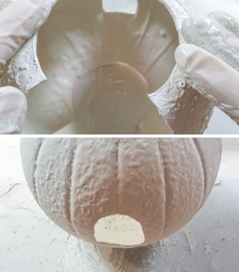 A view of the plastic pumpkin after adding the texture paste