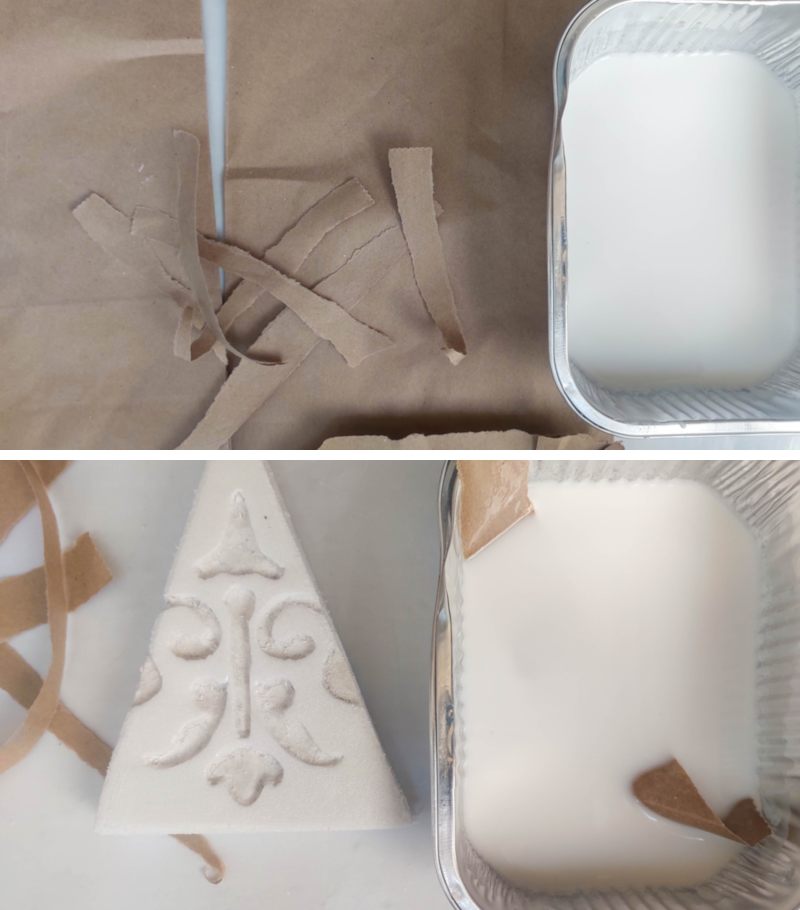 Tear the brown paper bags into strips and dunk them into the watered-down glue