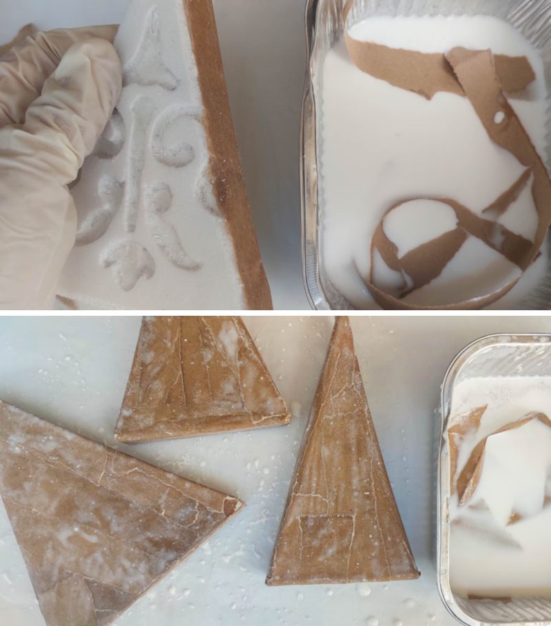 Glue the brown paper strips all over the polystyrene (Styrofoam) trees