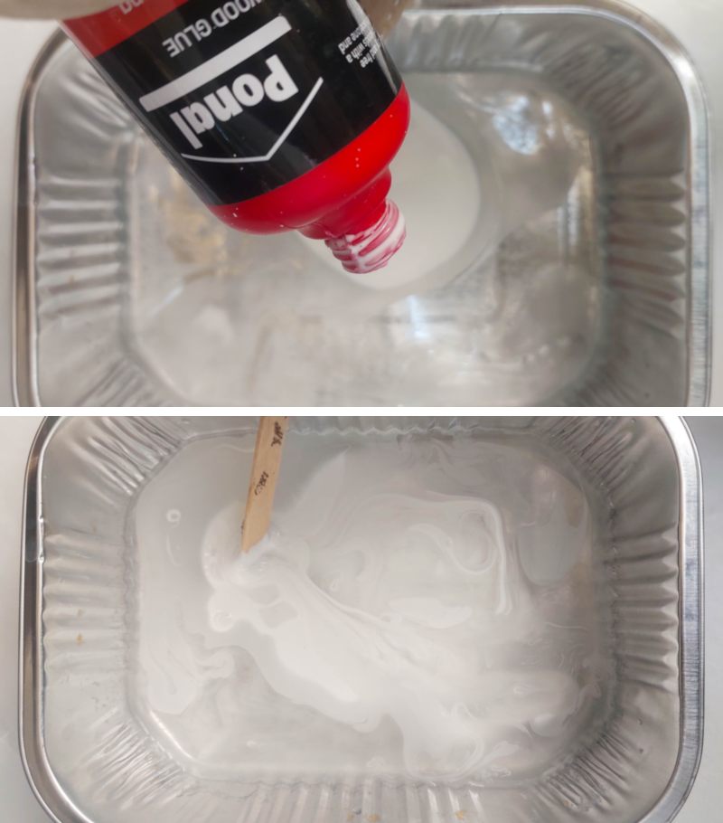 Mix wood glue and water in a bowl