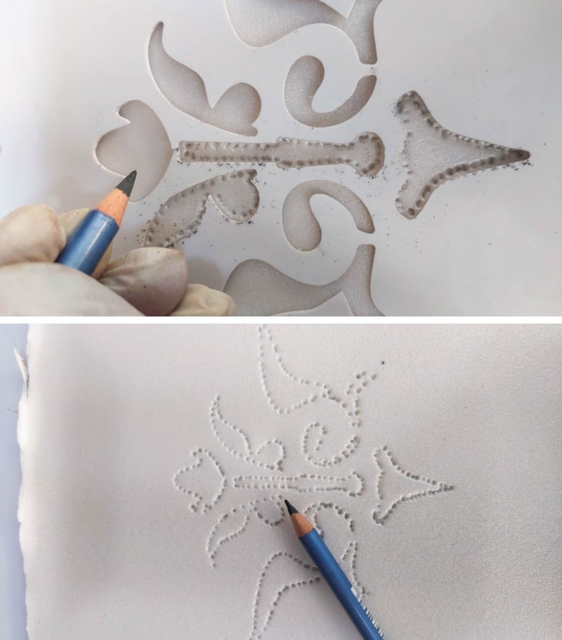 Make sharp pencil dents using the stencil as a guide