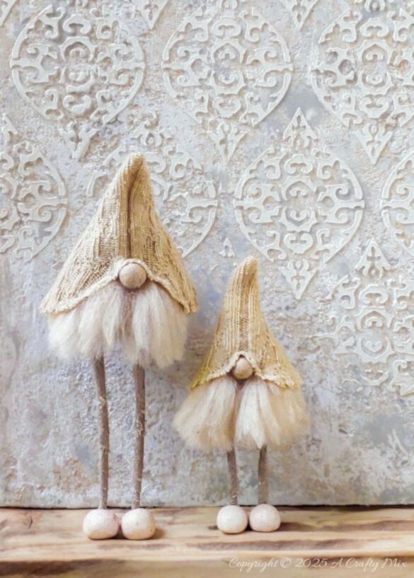 Love hygge style and handmade décor? Save this easy upcycled DIY—old socks, wire coat hangers, and craft scraps become the cutest long-legged Scandinavian gnomes for your shelf, mantel, or festive display.