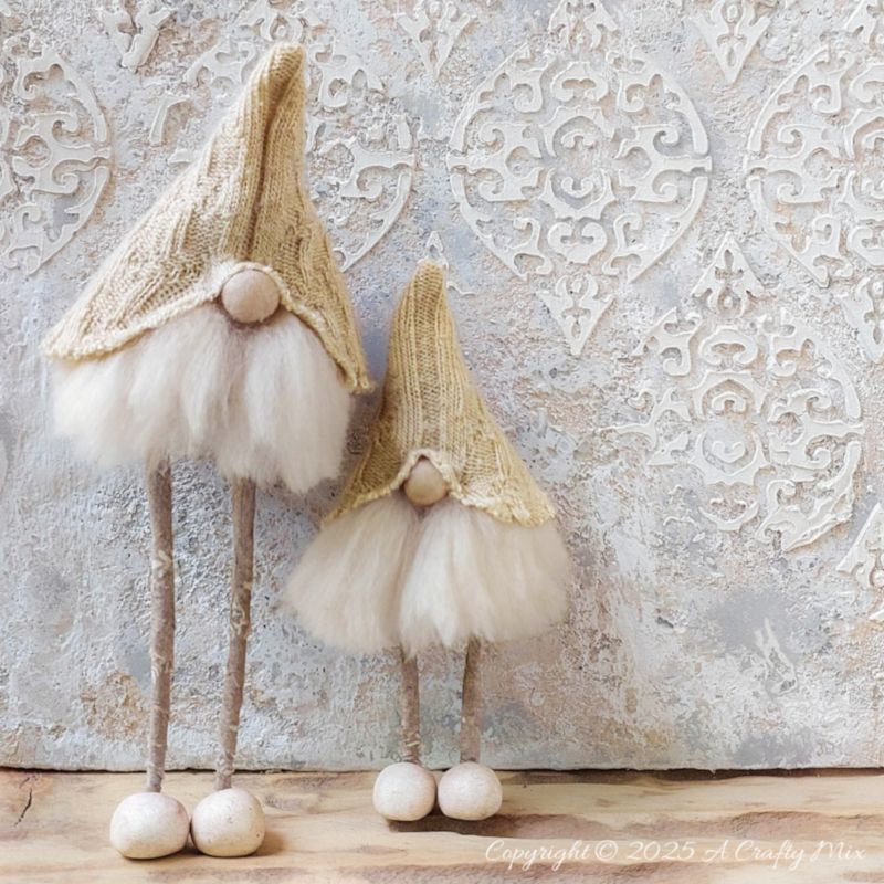 Love hygge style and handmade d&eacute;cor? Save this easy upcycled DIY&mdash;old socks, wire coat hangers, and craft scraps become the cutest long-legged Scandinavian gnomes for your shelf, mantel, or festive display.