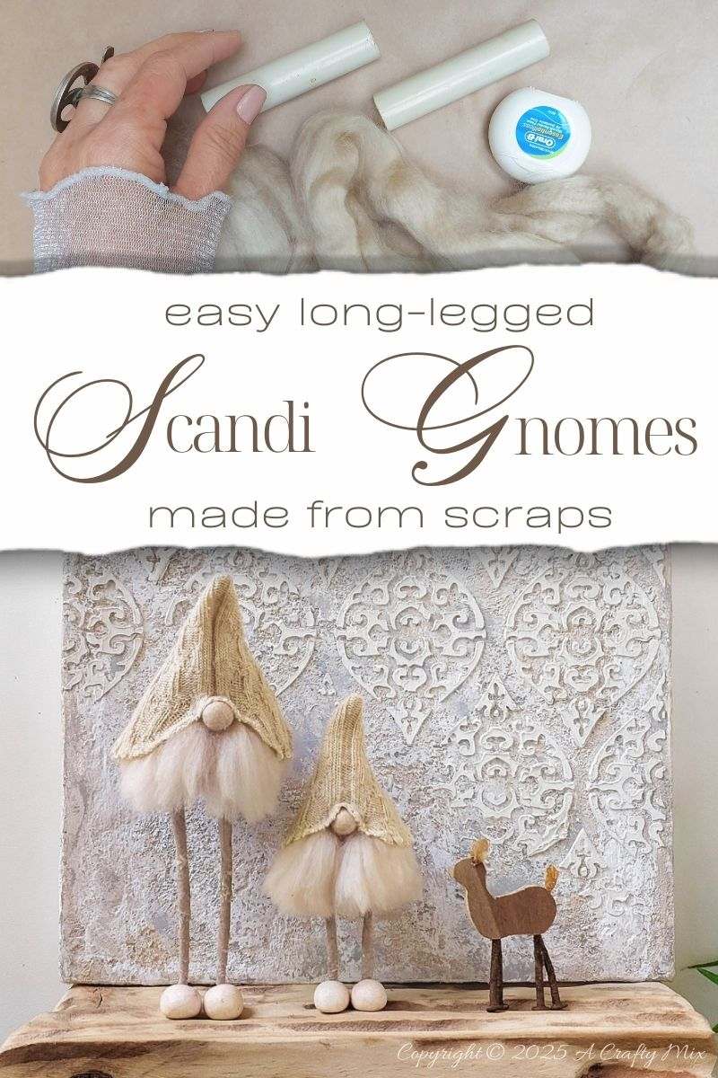 Love hygge style and handmade d&eacute;cor? Save this easy upcycled DIY&mdash;old socks, wire coat hangers, and craft scraps become the cutest long-legged Scandinavian gnomes for your shelf, mantel, or festive display.