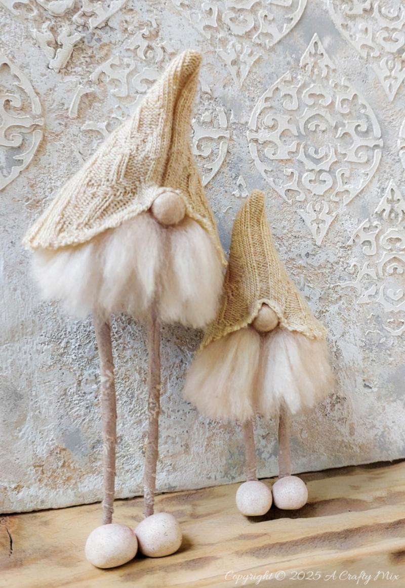 Love hygge style and handmade d&eacute;cor? Save this easy upcycled DIY&mdash;old socks, wire coat hangers, and craft scraps become the cutest long-legged Scandinavian gnomes for your shelf, mantel, or festive display.