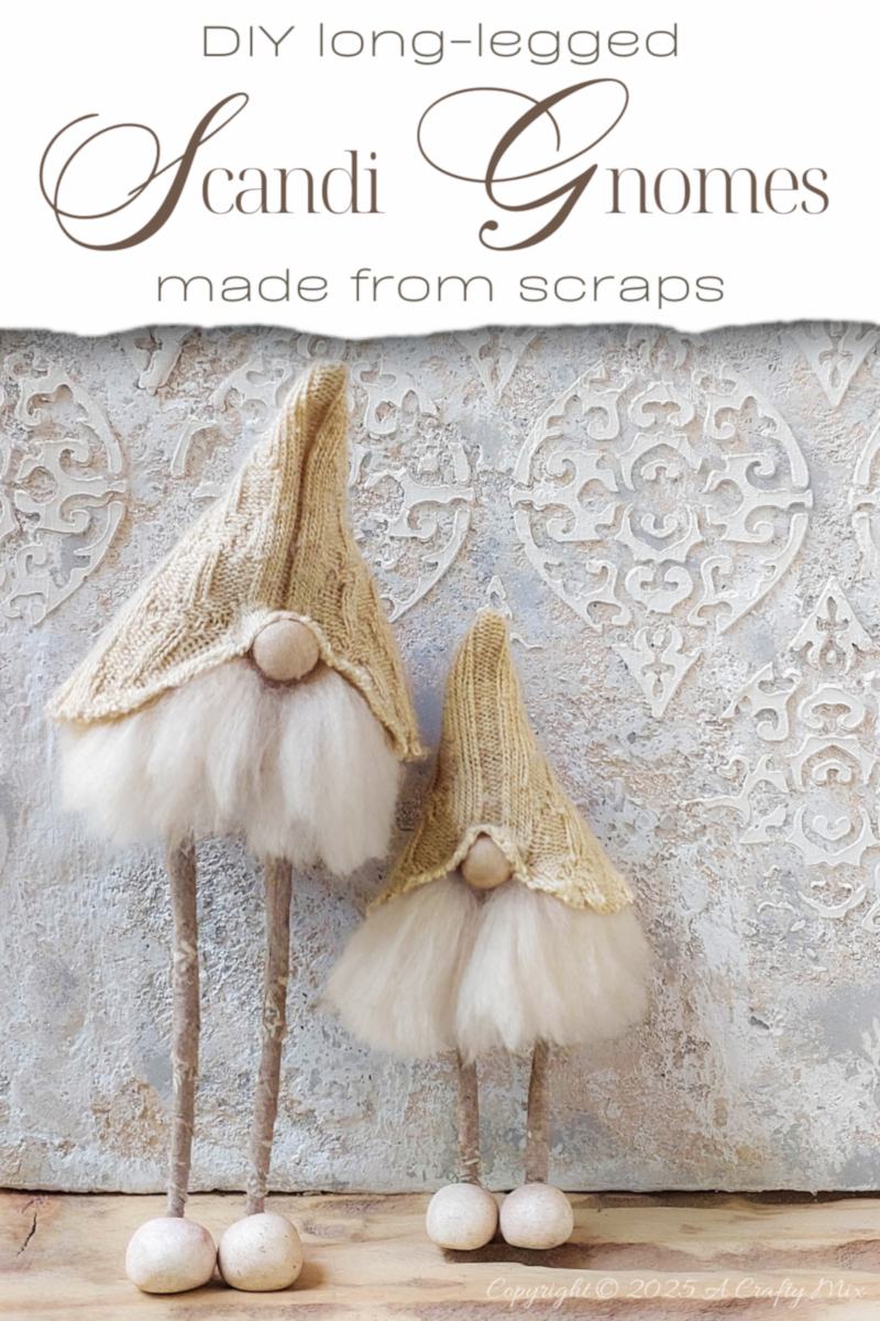 Love hygge style and handmade d&eacute;cor? Save this easy upcycled DIY&mdash;old socks, wire coat hangers, and craft scraps become the cutest long-legged Scandinavian gnomes for your shelf, mantel, or festive display.
