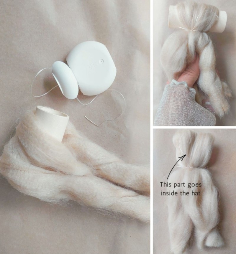 Making a quick body for the gnome using fluffy wool or yarn and floss