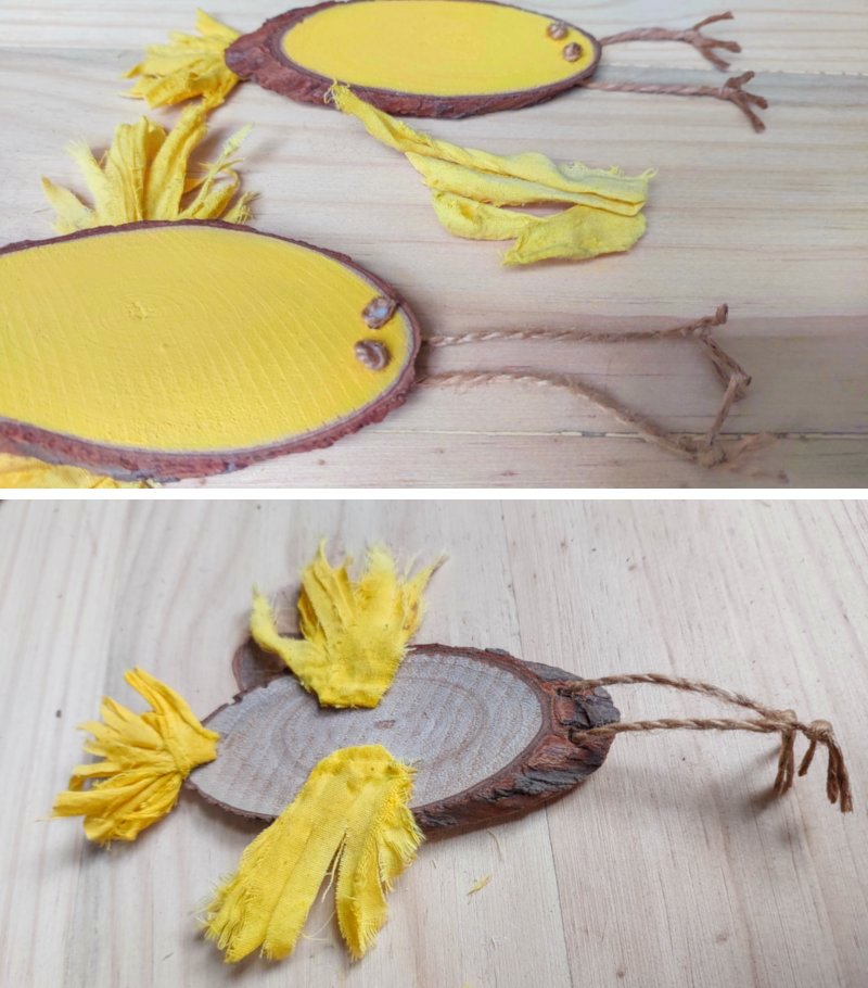Glue the fabric strips to the back of the wood slice chickens