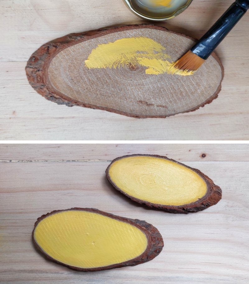 Paint the wood slices in a bright, happy yellow
