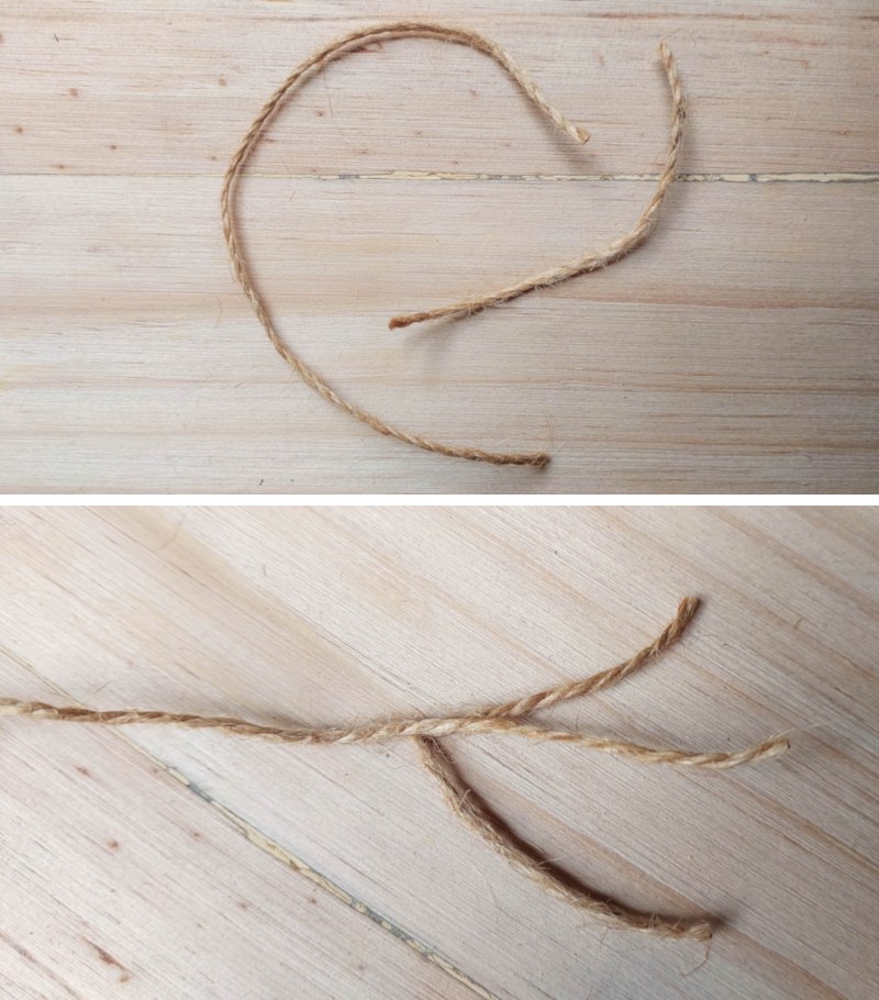 Cut two lengths of twine to make the chicken legs