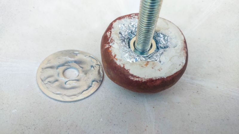 Glue the washer on the dome center