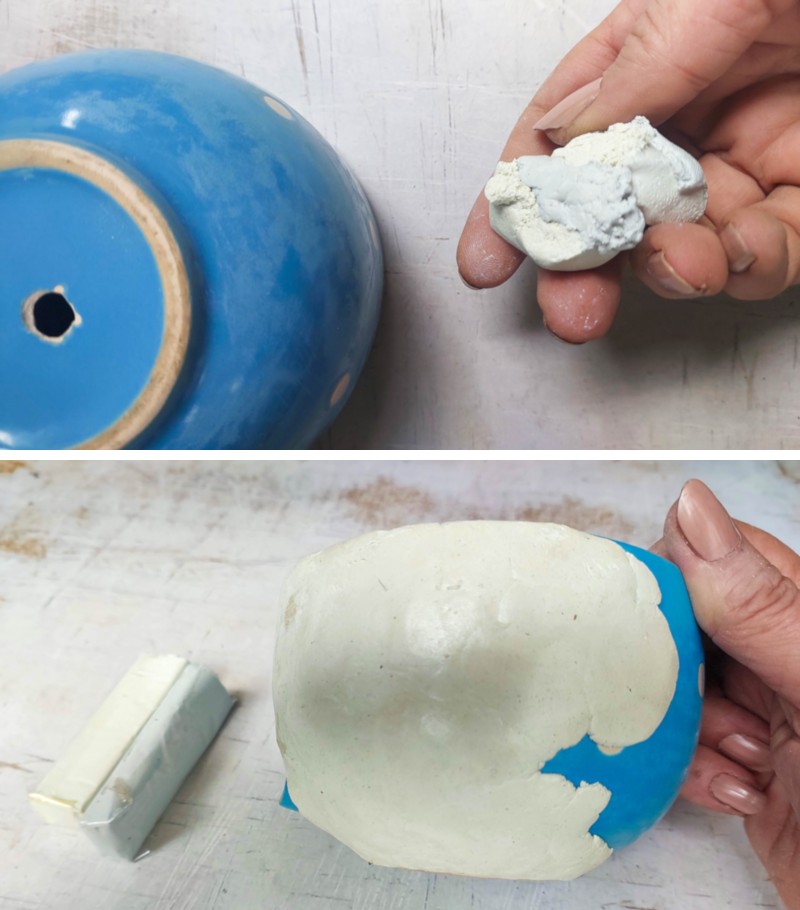 Applying hard wearing epoxy clay to the mug bowl.