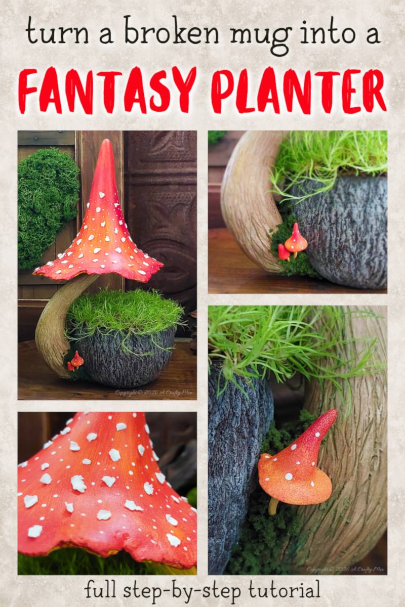Don&rsquo;t toss that broken mug just yet &ndash; give it a fantasy planter upcycle. In this easy DIY I&rsquo;ll show you how to hide a missing ear with a sculpted mushroom stalk, add a bark textured exterior and top it all off with a spotted toadstool that keeps the moss looking like a tiny forest floor.