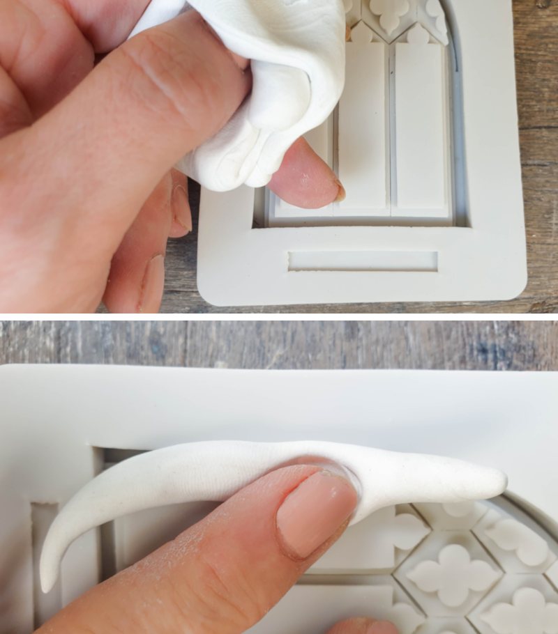 Condition the clay between your fingers and squish it into the mold